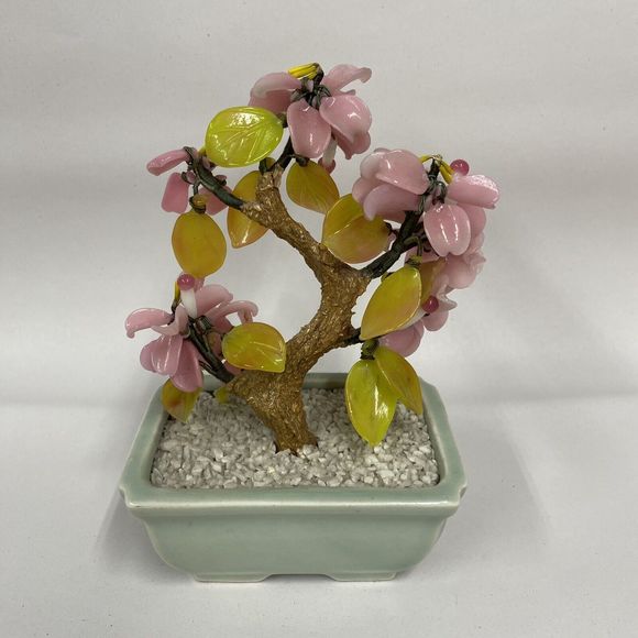 Vtg Glass Bonsai Tree Pink Flowers Artificial Plant Oriental Home Decor - Picture 4 of 11
